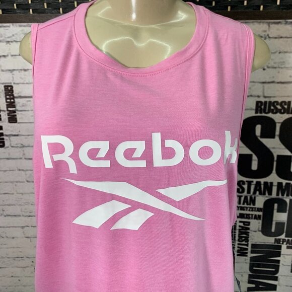 Reebok L  Moonlight Mauve Heather logo  Crew Neck Cut-Out Back Muscle Tee - Picture 2 of 6